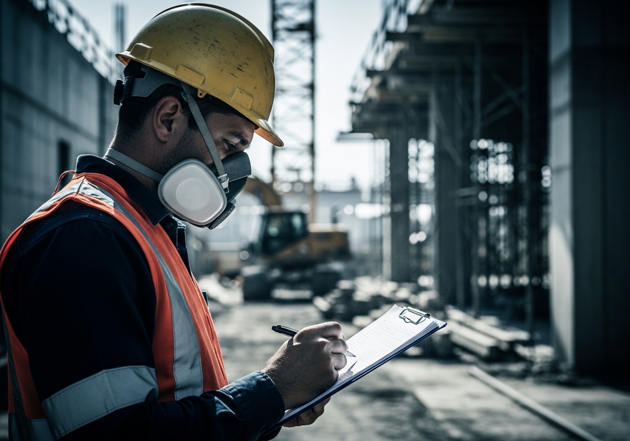 Construction worker in PPE reviewing documents on job site
