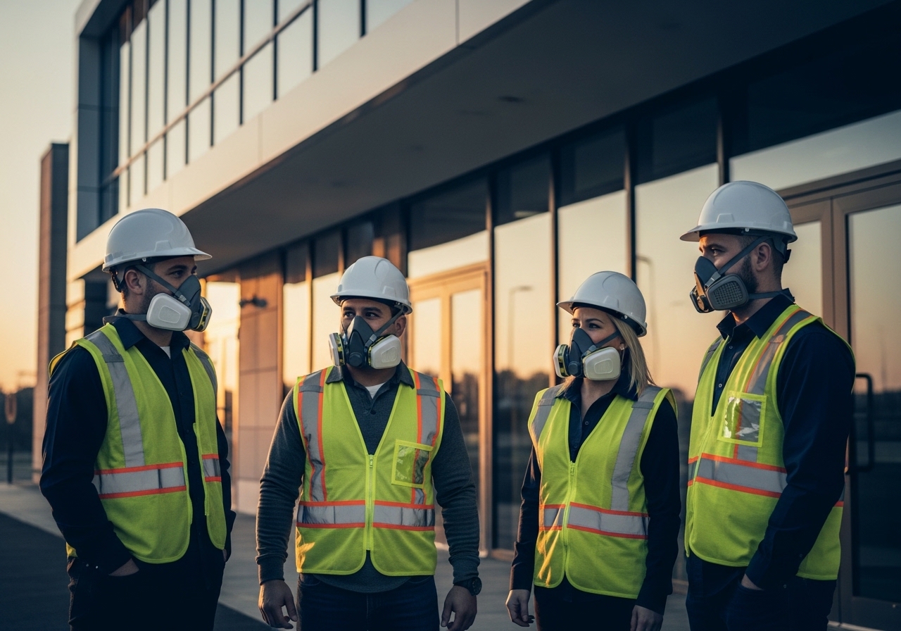 Safety-certified workers outside a commercial building