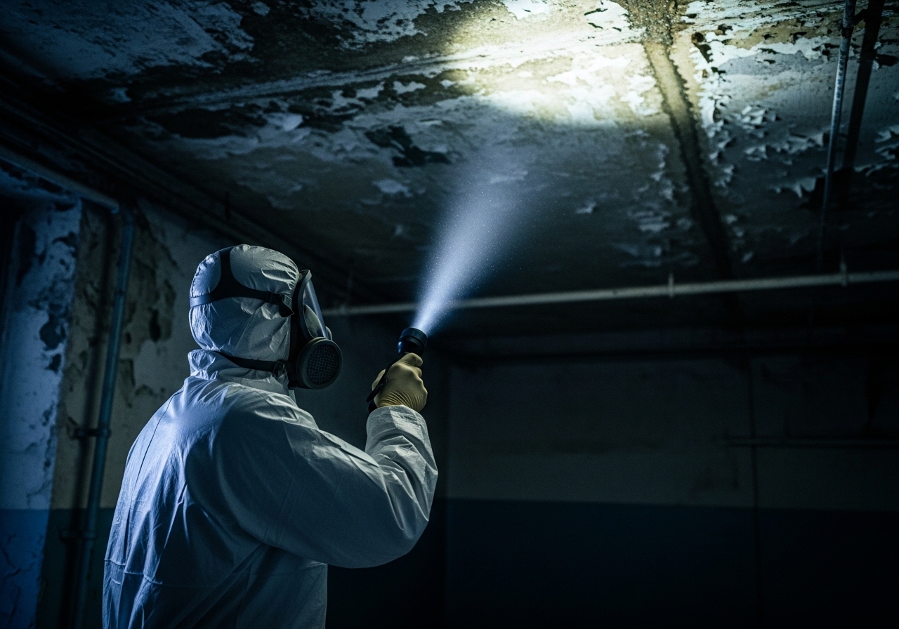 Industrial hygienist shining a flashlight inspecting a wall surface